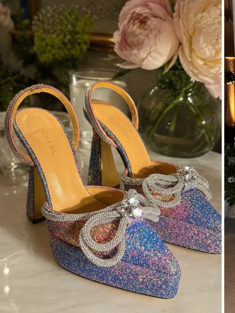 MACH & MACH Pointy Sparkling Multicolor Slingback Heels with Crystal Bow 37